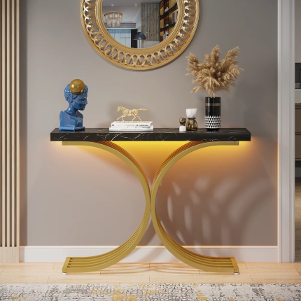 Luminous Elegance: Marble Top Console Table with Golden Curved Legs and RGB Lighting